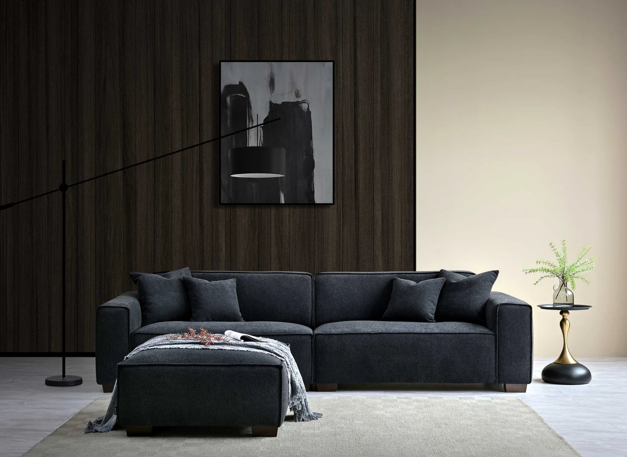 Aluxo Crawford Midnight Black Boucle Sofa with Chaise Footstool | 4 Seater
